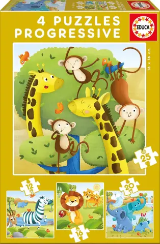 Imagen SET 4 PUZZLES ANIMALES SALVAJES PROGRESIVOS 12, 16, 20 Y 25 PZAS. EDUCA