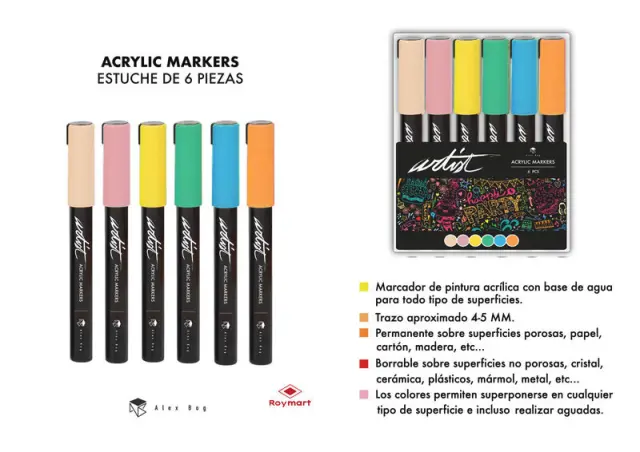 ESTUCHE 6 ROTULADORES ACRÍLICOS TONOS PASTEL ARTIST - Buenaletra