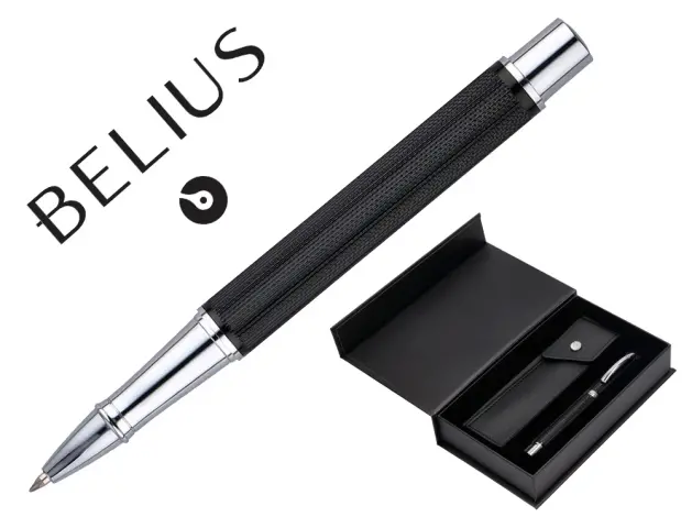 Imagen ROLLER Y ESTUCHE BELIUS TURBO ALUMINIO   NEGRO PLATEADO TINTA AZUL  